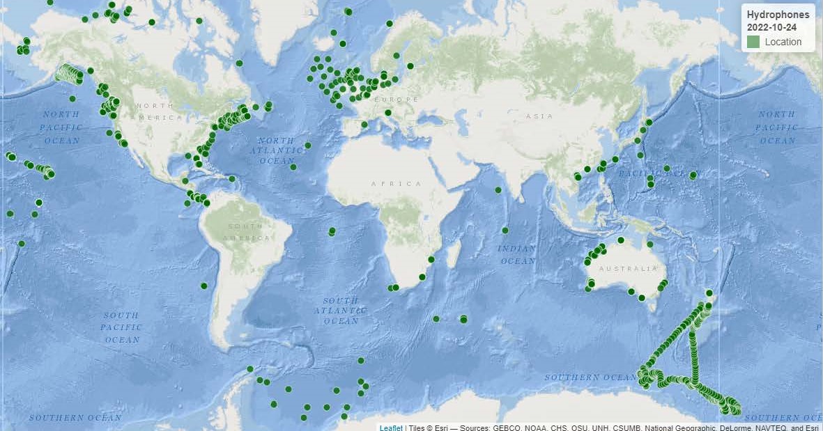 Locations of civilian hydrophone deployments from 1999 to present, as of 24 October 2022. Figure by Eduardo Klein of the Universidad Simón Bolívar, Caracas, Venezuela.